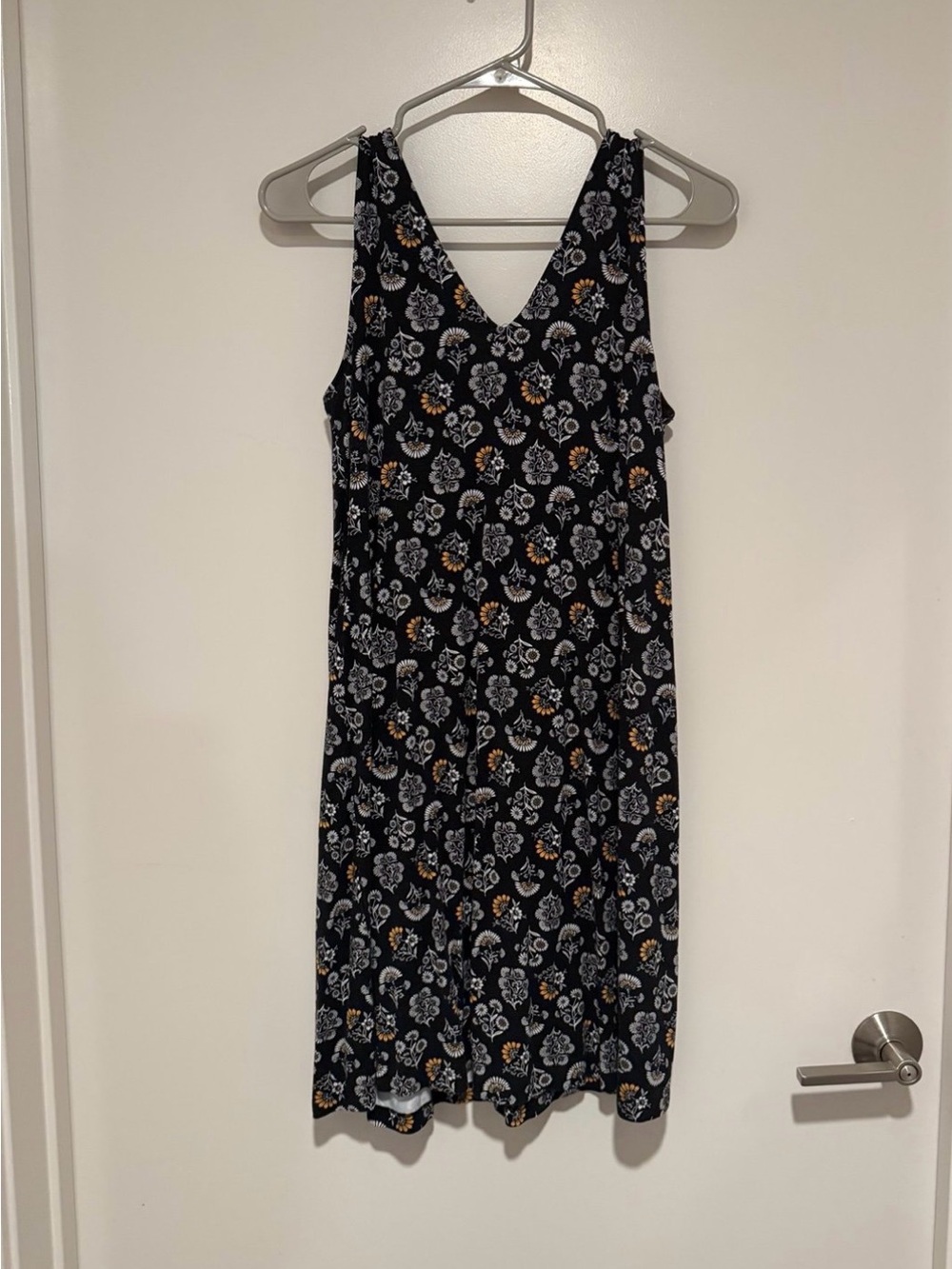 LOFT Black Floral Midi Dress with White and Mustard Accents